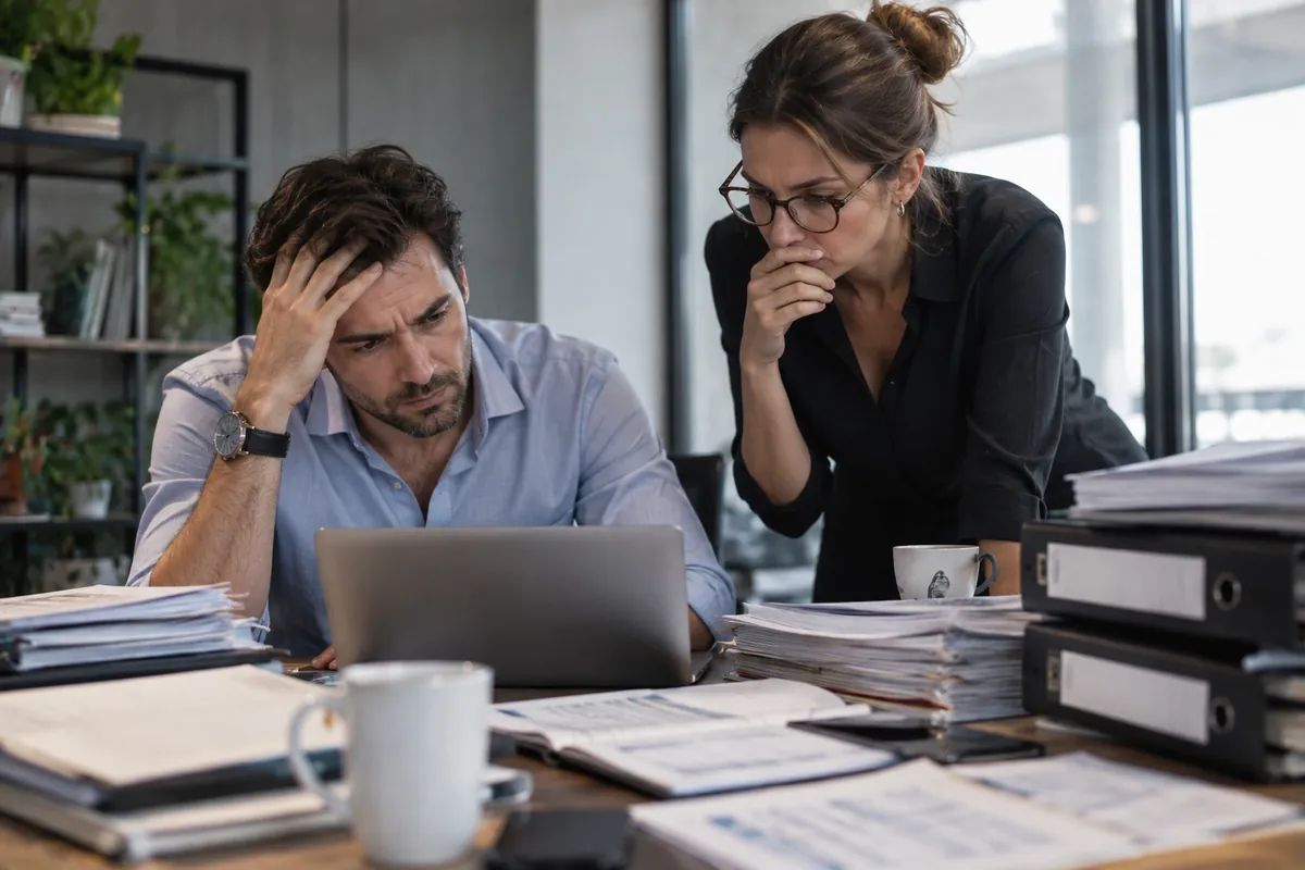 Empresario y contadora preocupados revisando la contabilidad antes del cierre de fin de año