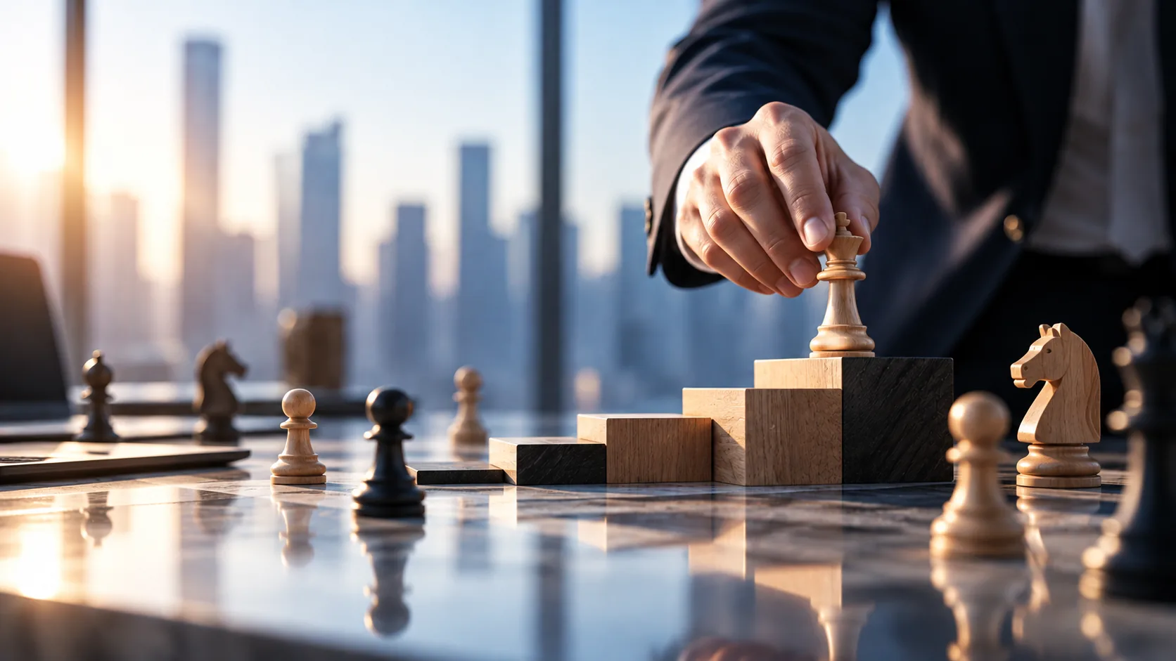 Estrategia financiera para empresas: un empresario mueve una pieza de ajedrez sobre bloques ascendentes